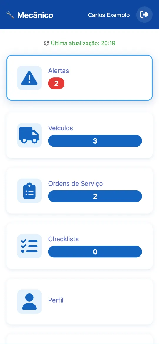 Aplicativo do mecânico com alertas, ordens de serviço e checklists