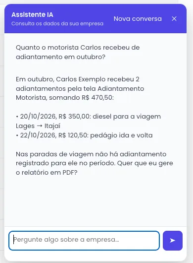 Conversa com o assistente de IA respondendo quanto um motorista recebeu de adiantamento